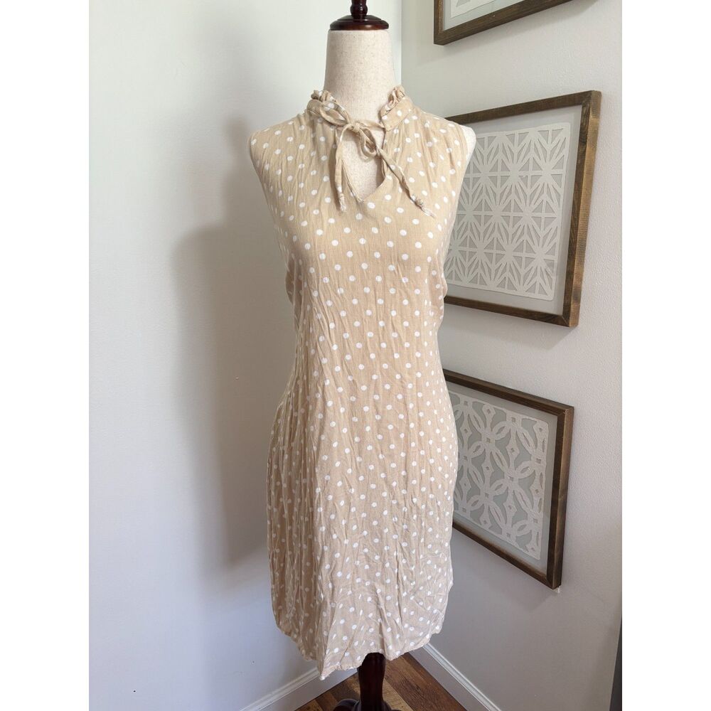 Sandra Darren Polka Dot Dress Beige Tie Neck Midi Stretch Cottagecore Parisian